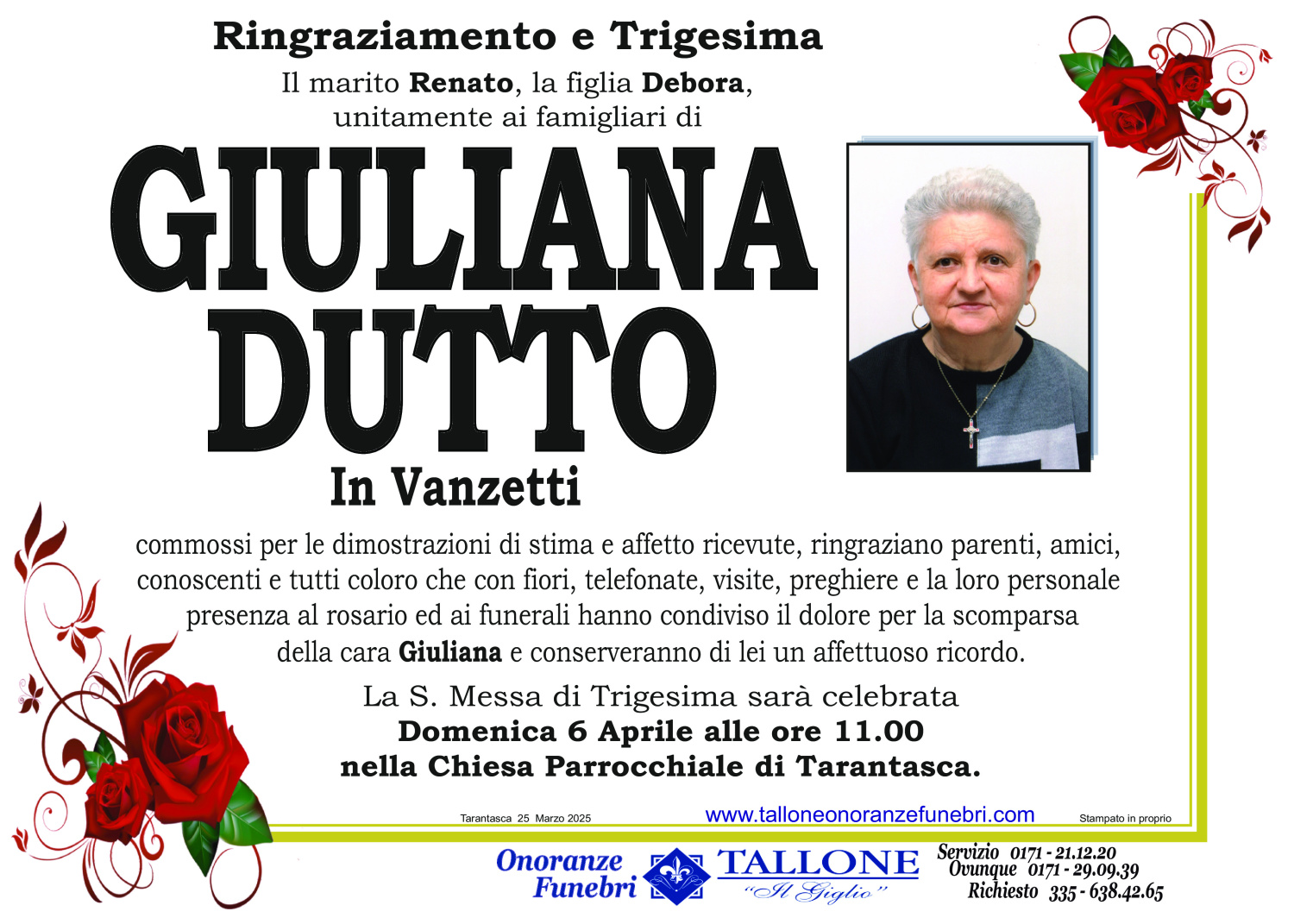 <br />
<b>Warning</b>:  Undefined variable $info in <b>/home/tallone/public_html/ringraziamenti.php</b> on line <b>68</b><br />
Giuliana Dutto